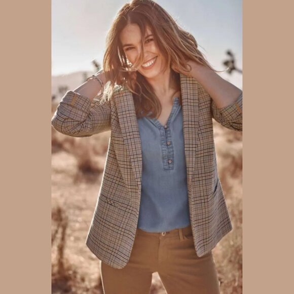 J.Jill Mendocino Plaid Blazer Tigers Eye One Button Closure Womens L Office Fall - Picture 2 of 9